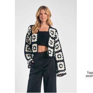 Elan Black and White crochet granny square crop Cardigan